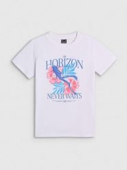 4F T-shirt regular z nadrukiem damski - biały M. Białe t-shirty 4f, m, bez wzorów, z bawełny, bez kołnierzyka, bez ramiączek. Za 59.99 zł.