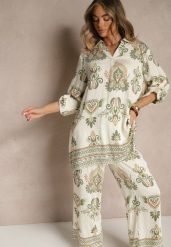 Zielony Komplet z Wiskozą Szerokie Spodnie i Bluzka w Stylu Boho Rinadora. Zielone bluzki Renee, m, bez wzorów, z wiskozy, boho, bez kołnierzyka, bez ramiączek. W wyprzedaży za 95.99 zł.