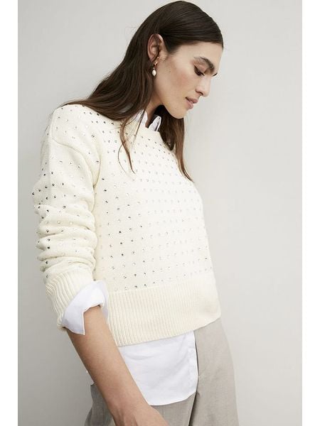 Oui Sweter w kolorze kremowym rozmiar: 44. Brązowe swetry Oui, bez wzorów, z bawełny, bez ramiączek. Za 193.70 zł.