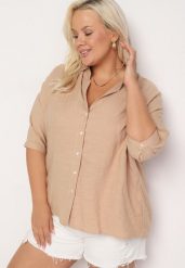 Beżowa Koszula Bawełniana z Krótkim Rękawem i Kołnierzem Talavia. Brązowe koszule Born2be, plus size, bez wzorów, z bawełny, eleganckie, bez kołnierzyka, plus size, bez ramiączek. Za 99.99 zł.
