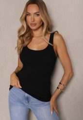 Czarny Top na Ramiączkach z Prążkowanego Materiału z Bawełny Zaliena. Czarne topy Renee, m, bez wzorów, z bawełny, bez kołnierzyka, bez ramiączek. W wyprzedaży za 39.99 zł.