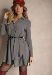 Szara Koszulowa Sukienka o Asymetrycznym Rozkloszowanym Kroju z Gumką w Talii Eloriana. Szare sukienki Renee, na co dzień, bez wzorów, eleganckie, z asymetrycznym kołnierzem, bez ramiączek, mini, asymetryczne. W wyprzedaży za 63.99 zł.