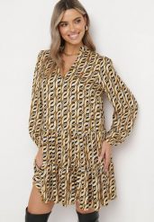 Beżowa Rozkloszowana Sukienka Mini z Falbanką Naike. Brązowe sukienki Born2be, l, z aplikacjami, z tkaniny, bez kołnierzyka, bez ramiączek, mini, rozkloszowane. W wyprzedaży za 97.99 zł.