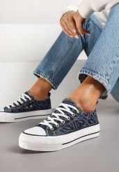 Granatowe Trampki na Platformie Zdobione Wzorem w Serca Gonavith. Niebieskie trampki Renee, z aplikacjami, z jeansu, eleganckie, bez zapięcia. W wyprzedaży za 55.99 zł.
