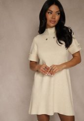 Jasnobeżowa Sukienka Sweterkowa o Trapezowym Kroju z Perełkami Liatusea. Brązowe sukienki Renee, na co dzień, l, bez wzorów, z dzianiny, bez kołnierzyka, bez ramiączek, trapezowe. Za 89.99 zł.