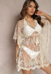 Beżowa Siateczkowa Tunika Narzutka z Haftowanym Wzorem i Chwostami Narifea. Brązowe tuniki Renee, l, bez wzorów, z materiału, boho, bez kołnierzyka, bez ramiączek. W wyprzedaży za 107.99 zł.