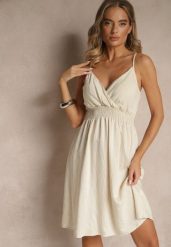 Beżowa Kopertowa Sukienka z Wiskozy Lilisena. Brązowe sukienki Renee, l, bez wzorów, z wiskozy, eleganckie, bez kołnierzyka, bez ramiączek, mini, kopertowe. W wyprzedaży za 67.99 zł.
