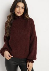 Brązowy Golf z Wiskozą i Wełną o Kroju Oversize z Falbanką przy Dekolcie Ninirae. Brązowe swetry Born2be, bez wzorów, z jeansu, eleganckie, bez ramiączek. W wyprzedaży za 152.99 zł.