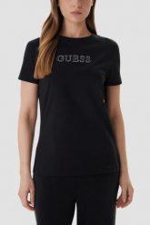 GUESS Czarny damski t-shirt na krótki rękaw z cyrkoniami Briana, Rozmiar S. Czarne t-shirty Guess, s, z aplikacjami, eleganckie, bez kołnierzyka, bez ramiączek. Za 189.99 zł.