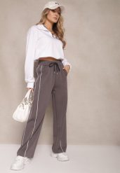 Ciemnoszare Spodnie Dresowe z Bawełną o Szerokim Kroju High Waist z Paskami Salliara. Szare jeansy Renee, l, bez wzorów, z bawełny, eleganckie, z podwyższonym stanem. W wyprzedaży za 63.99 zł.