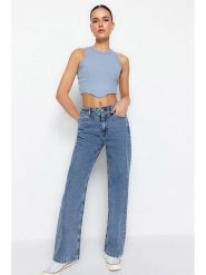 Trendyol Dżinsy - Comfort fit - w kolorze niebieskim rozmiar: 34. Niebieskie jeansy Trendyol, bez wzorów, z bawełny, z podwyższonym stanem. Za 86.99 zł.