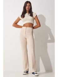 Happiness Istanbul Spodnie w kolorze kremowym rozmiar: 40. Brązowe spodnie materiałowe Happiness Istanbul, bez wzorów, z materiału, z podwyższonym stanem. Za 73.99 zł.