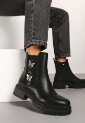 Czarne Płaskie Botki w Stylu Sztybletów z Aplikacjami Motylków 3D Zoziola. Czarne botki Renee, z aplikacjami, z jeansu, eleganckie, bez obcasa, na obcasie, bez zapięcia. W wyprzedaży za 97.99 zł.