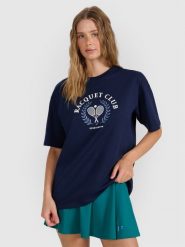 4F T-shirt oversize z nadrukiem damski - granatowa S. Niebieskie t-shirty sportowe 4f, s, bez wzorów, z bawełny, bez ramiączek. W wyprzedaży za 39.99 zł.