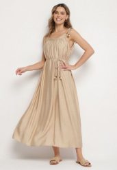 Beżowa Sukienka z Wiskozy na Wiązanych Ramiączkach z Plecionym Paskiem Mirazelia. Brązowe sukienki Born2be, na co dzień, m, bez wzorów, z wiskozy, glamour, bez kołnierzyka, bez ramiączek, maxi, proste. Za 139.99 zł.