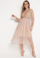 Beżowa Sukienka Phaerusa. Brązowe sukienki Born2be, m, z aplikacjami, z koronki, eleganckie, bez kołnierzyka, bez ramiączek, midi, rozkloszowane. W wyprzedaży za 101.99 zł.