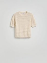 Sweter z krótkim rękawem - kremowy. Białe swetry Reserved, l, bez wzorów, z bawełny, bez ramiączek. Za 89.99 zł.