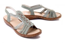 RIEKER 62855-52 green, sandały damskie. Zielone sandały Rieker, bez wzorów, bez obcasa, bez zapięcia. Za 299.90 zł.