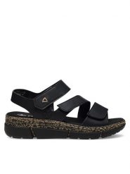 Rieker Sandały V2301-00 Czarny. Czarne sandały Rieker, bez wzorów, z syntetyku, bez obcasa, na koturnie, bez zapięcia. Za 289.99 zł.
