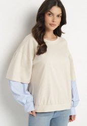 Beżowa Bluzka z Bawełny z Koszulowymi Rękawami w Paski Firselia. Brązowe bluzki Born2be, bez wzorów, z bawełny, eleganckie, bez kołnierzyka, bez ramiączek. W wyprzedaży za 76.49 zł.