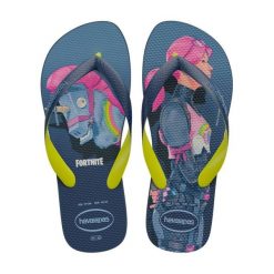 Klapki Havaianas Top Fortnite. Niebieskie klapki Havaianas, bez wzorów, z gumy, z otwartym noskiem, bez obcasa, bez zapięcia. Za 126.15 zł.