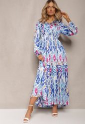Niebieska Rozkloszowana Sukienka z Elastyczną Gumką w Talii w Stylu Boho Mizza. Niebieskie sukienki Renee, l, bez wzorów, z materiału, boho, bez kołnierzyka, bez ramiączek, maxi, rozkloszowane. W wyprzedaży za 127.99 zł.