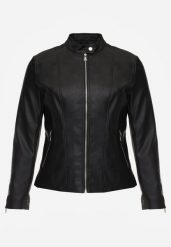 Czarna Kurtka Ramoneska o Klasycznym Kroju ze Stójką na Nap Zeaniel. Czarne kurtki Born2be, plus size, bez wzorów, z jeansu, eleganckie, bez kaptura. Za 119.99 zł.