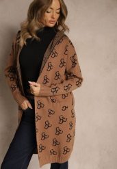 Brązowy Kardigan Ozdobiony Geometrycznym Wzorem Ralittia. Brązowe swetry Renee, l, bez wzorów, bez ramiączek. Za 109.99 zł.