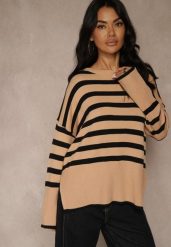 Beżowo-Czarny Sweter Oversize w Paski Kalitusa. Czarne swetry Renee, bez wzorów, z jeansu, casualowe, bez ramiączek. Za 64.99 zł.