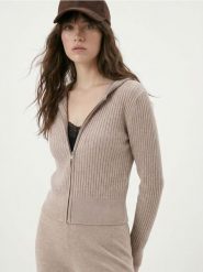 Prążkowany sweter z kapturem i zamkiem, z wiskozą - Inny. Swetry Sinsay, l, bez wzorów, prążkowane, bez ramiączek. Za 59.99 zł.