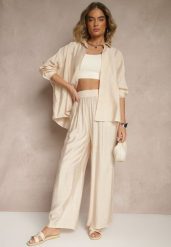Beżowy Komplet Oversize z Koszulą i Spodniami Ulonelia. Brązowe koszule Renee, l, bez wzorów, eleganckie, bez kołnierzyka, bez ramiączek. W wyprzedaży za 99.99 zł.