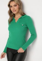 Zielony Prążkowany Sweter z Wiskozą Modalem i Ozdobnym Kołnierzykiem Adelwin. Zielone swetry Born2be, l, z aplikacjami, prążkowane, eleganckie, bez ramiączek. W wyprzedaży za 67.99 zł.