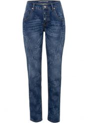 Dżinsy Boyfriend z kwiatowym nadrukiem. Niebieskie jeansy bonprix, bez wzorów, z jeansu. Za 109.99 zł.