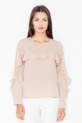Urocza Beżowa Bluzka z Falbankami z Długim Rękawem. Brązowe bluzki Figl, xl, bez wzorów, z elastanu, bez kołnierzyka, bez ramiączek. Za 179.00 zł.