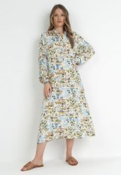 Jasnoniebieska Rozkloszowana Sukienka z Koszulową Górą Hajra. Niebieskie sukienki Born2be, na co dzień, l, bez wzorów, z materiału, eleganckie, bez kołnierzyka, bez ramiączek, midi, koszulowe. W wyprzedaży za 101.99 zł.