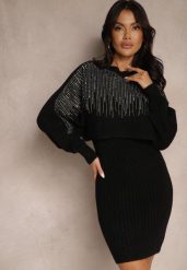 Czarny Komplet z Wiskozy Sweter Ozdobiony Cyrkoniami i Prążkowana Spódnica Emelessa. Czarne swetry Renee, bez wzorów, prążkowane, eleganckie, bez ramiączek. W wyprzedaży za 135.99 zł.