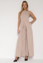 Beżowy Elegancki Kombinezon z Ozdobnymi Zakładkami Zellysha. Brązowe sukienki Born2be, na co dzień, s, z aplikacjami, eleganckie, bez kołnierzyka, bez ramiączek, proste. Za 149.99 zł.