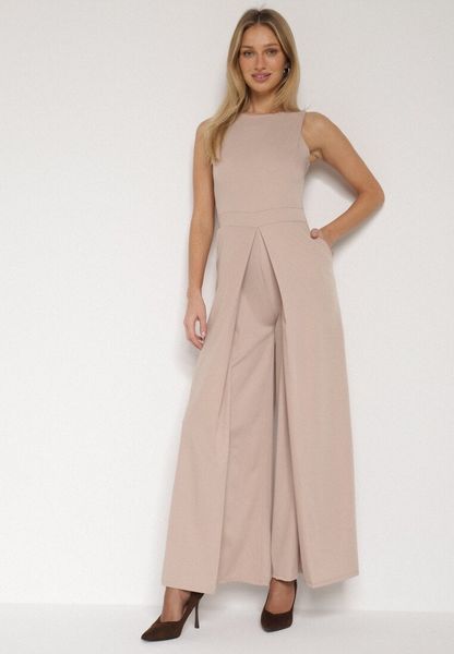 Beżowy Elegancki Kombinezon z Ozdobnymi Zakładkami Zellysha. Brązowe sukienki Born2be, na co dzień, s, z aplikacjami, eleganckie, bez kołnierzyka, bez ramiączek, proste. Za 149.99 zł.