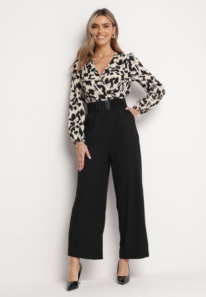 Beżowo-Czarny Kombinezon z Kopertowym Dekoltem i Gumką w Pasie Dodatkowo Pasek Junnina. Czarne kombinezony Born2be, l, bez wzorów, eleganckie, bez kołnierzyka, bez ramiączek, kopertowe. Za 119.99 zł.