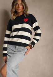 Granatowy Prosty Sweter z Domieszką Kaszmiru Zdobiony Wzorem w Pasy Tarvane. Niebieskie swetry Renee, z aplikacjami, z kaszmiru, casualowe, bez ramiączek. Za 109.99 zł.