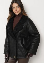 Czarna Kurtka Biker Oversize Zapinana na Guziki Ocieplana Futerkiem Nikiena. Czarne kurtki Born2be, m, bez wzorów, eleganckie, bez kaptura. W wyprzedaży za 251.99 zł.