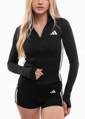 Bluza damska adidas Workout Essentials 3-Stripes Zip Through. Czarne bluzy z kapturem adidas, xs, bez wzorów, z elastanu, bez kaptura, do biegania, climacool (adidas). Za 200.99 zł.