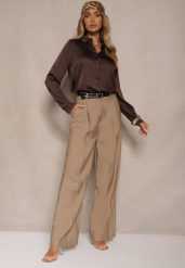 Beżowe Garniturowe Spodnie High Waist o Szerokim Kroju Efrase. Brązowe jeansy Renee, bez wzorów, z jeansu, z podwyższonym stanem. W wyprzedaży za 99.99 zł.