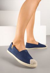 Granatowe Espadryle z Elastyczną Wstawką Zdobione Plecionką Kinellis. Niebieskie espadryle Renee, z aplikacjami, eleganckie, bez obcasa. W wyprzedaży za 39.99 zł.