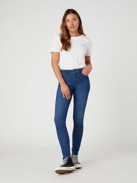 Wrangler Dżinsy "Good life" - Skinny fit - w kolorze granatowym rozmiar: W27/L32. Niebieskie jeansy Wrangler, l, z aplikacjami, z bawełny, klasyczne, z podwyższonym stanem. Za 188.40 zł.