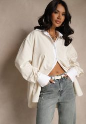 Beżowa Wiskozowa Koszula Oversize z Kieszenią i Metalicznymi Aplikacjami Liseloria. Brązowe koszule Renee, s, z aplikacjami, z jeansu, eleganckie, bez kołnierzyka, bez ramiączek. W wyprzedaży za 91.99 zł.