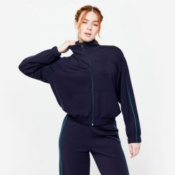 Bluza na zamek damska Domyos Heritage. Niebieskie bluzy DOMYOS, l, bez wzorów, z bawełny, bez kaptura, na fitness i siłownię. Za 139.99 zł.