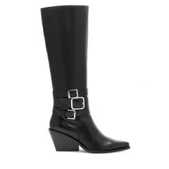 Kozaki Eva Minge. Czarne kozaki Eva Minge, bez wzorów, bez obcasa, na słupku, bez zapięcia. Za 449.99 zł.
