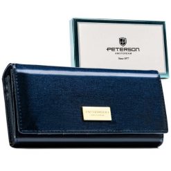 Granatowy, poziomy portfel damski ze skóry naturalnej i ekologicznej wyposażony w system RFID - Peterson. Niebieskie portfele Peterson, bez wzorów, ze skóry. Za 70.00 zł.