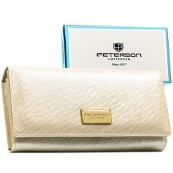 Portfel damski w kolorze ecru zamykany na zatrzask, w środku kieszonka na suwak - Peterson. Portfele Peterson, bez wzorów, ze skóry ekologicznej. Za 79.99 zł.